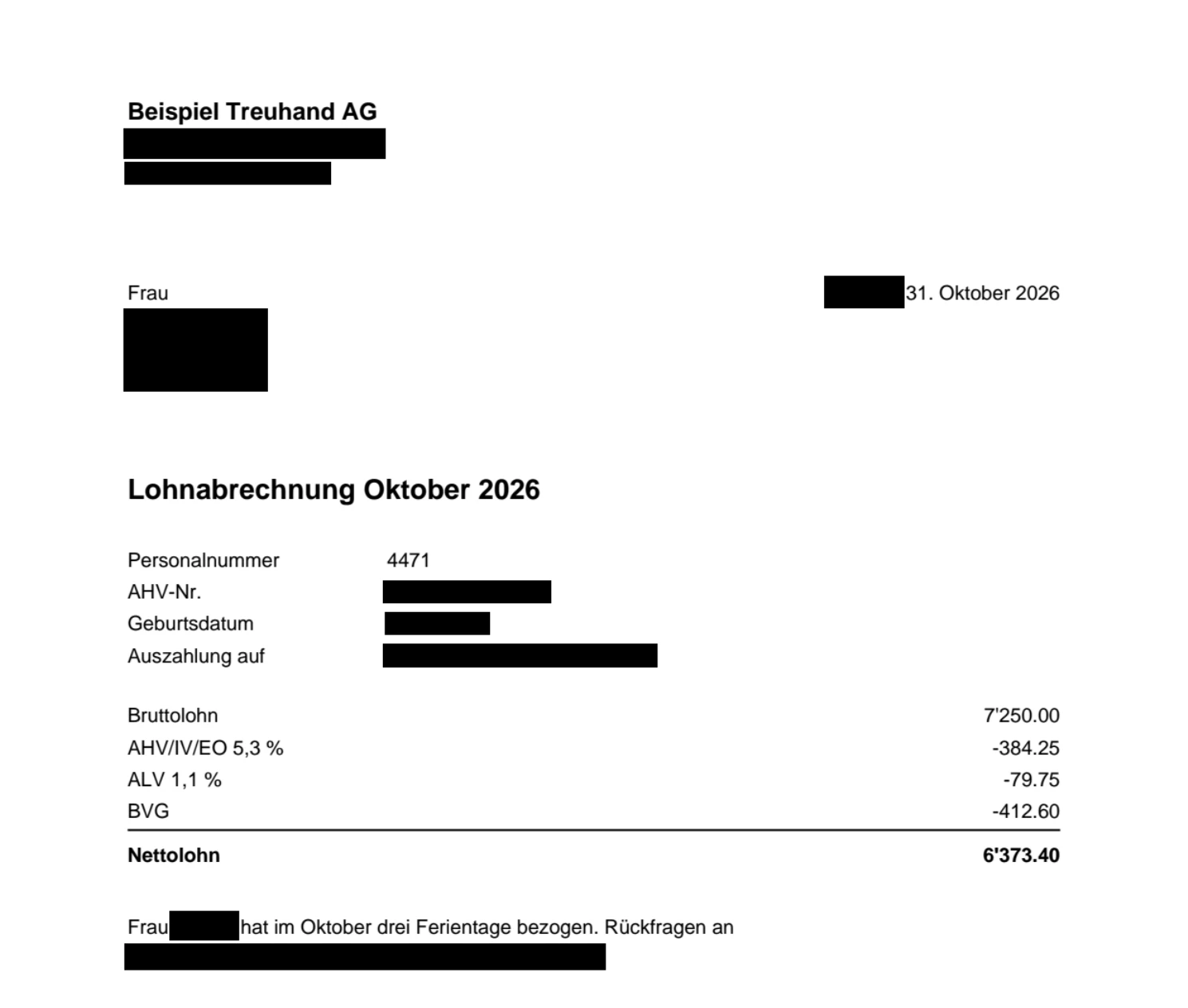 Dieselbe Lohnabrechnung nach PrivatePDF: Name, Adresse, AHV-Nummer, Geburtsdatum, IBAN, E-Mail und Telefon sind geschwärzt, die Lohnbeträge bleiben lesbar.