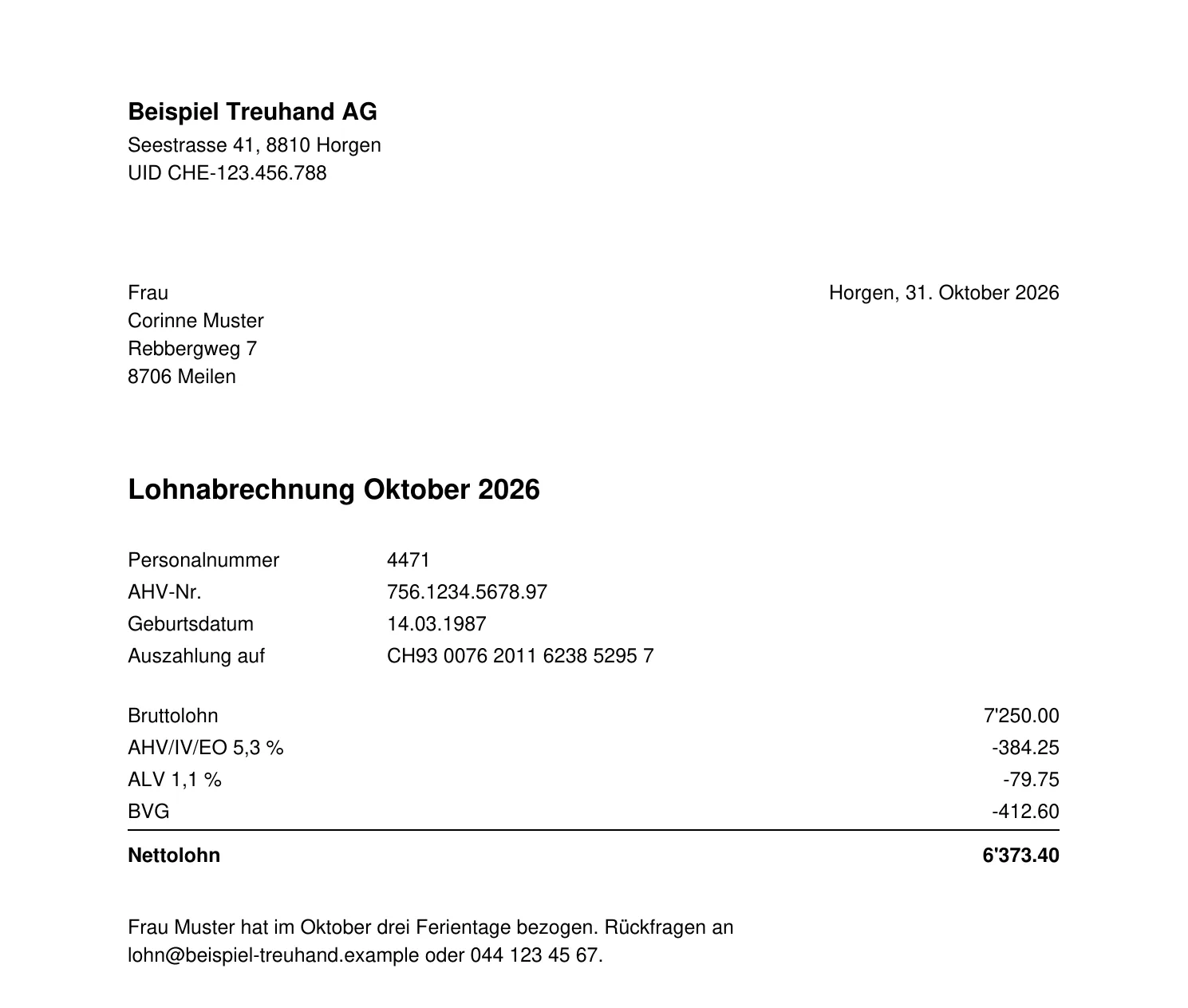 Lohnabrechnung mit Name, Adresse, AHV-Nummer, Geburtsdatum, IBAN, E-Mail und Telefon im Klartext.